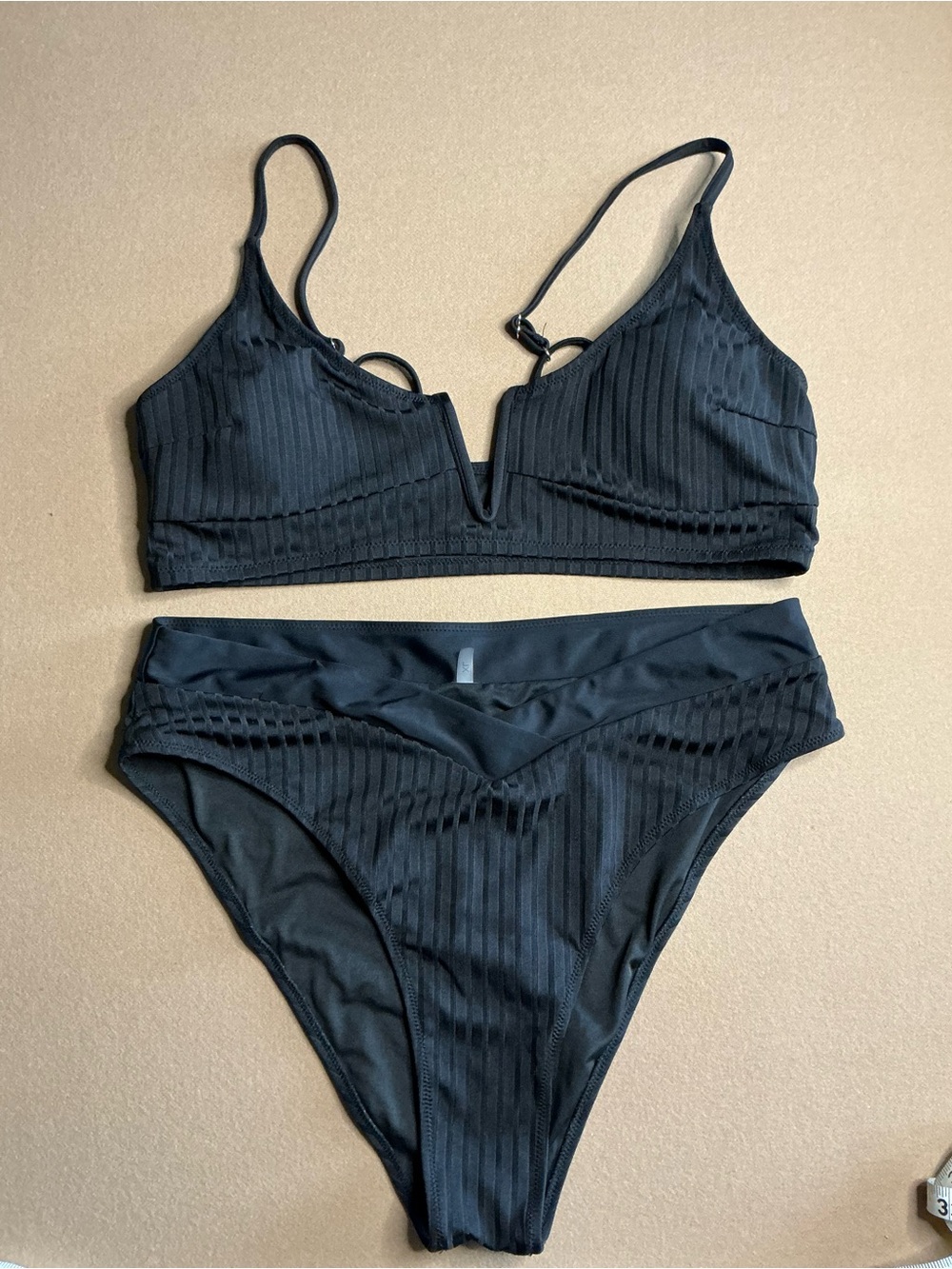 Sexy black bikini V notch top high waisted bottom